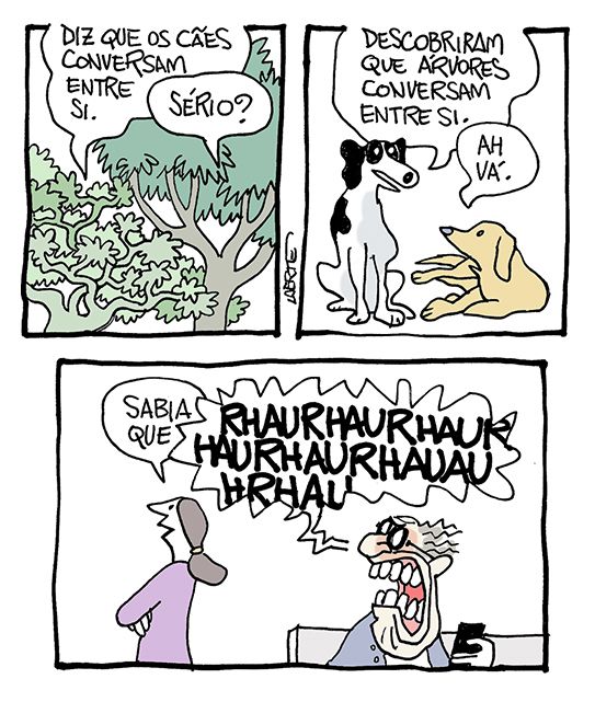Tira de Laerte, em 3 quadrinhos.
1) Duas árvores - uma fala: “Diz que os cães conversam entre si” - a outra responde: “Sério?”
2) Dois cães. Um deles fala: “Descobriram que árvores conversam entre si” - o outro responde: “Ah vá”.
3) Duas pessoas num lugar público. A mulher começa a dizer: “Sabia que” - o homem interrompe, latindo furiosamente: “RHAURHAURHAUHAURHAURHAURHAUHAURHAU”