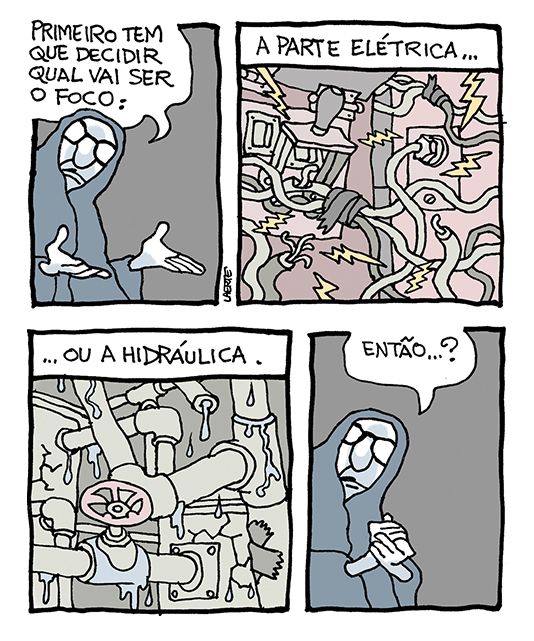 Tira de Laerte, em 4 quadrinhos.
1) Uma figura com manto, de aspecto sombrio, fala: “Primeiro tem que decidir qual vai ser o foco:”
2) Emaranhado de fios elétricos mal encapados, chaves e junções em estado precário, soltando faíscas pra todo lado. A fala da figura continua: “…a parte elétrica…”
3) Confusão de canos vazando, desajustados, com remendos mal feitos, pingando água em todos os lugares. A fala continua: “…ou a hidráulica”.
4) A figura de manto conclui, perguntando: “Então…?”