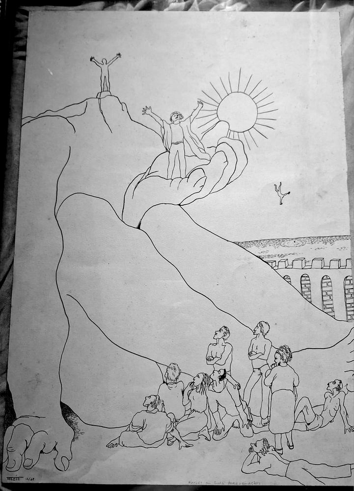 Desenho de um grupo de pessoas junto a um ser gigantesco e sem cabeça. Algumas pessoas na base, uma no topo, no lugar do pescoço, e uma outra na mão do gigante. Ao longe, uma pessoa despenca sobre o mar. 