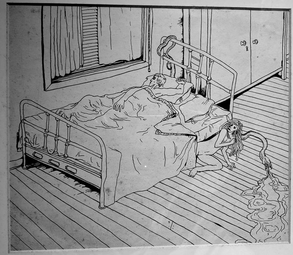desenho representando um homem e uma mulher, nus, em uma cama, num quarto vazio. O homem dorme, a mulher está caída pra fora da cama e uma grande serpente agoniza no chão, vertendo um líquido pela boca.