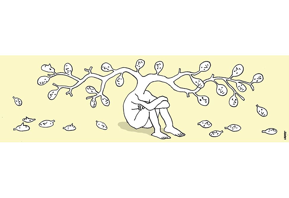 Tira de Laerte, em uma única cena.
Uma pessoa, nua, está sentada no chão, os braços cruzados sobre os joelhos.
Seu pescoço se alonga em várias direções como galhos de uma árvore.
Do tronco brotam pequenas cabecinhas humanas, cada uma com boca, nariz e olhos.
Algumas se destacaram dos galhos e jazem no chão, como folhas ou frutas caídas.