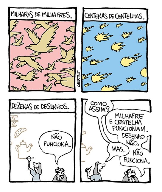 Tira de Laerte, em 4 quadrinhos.
1) Muitas aves de rapina voando, numa direção. Texto diz: “MILHARES DE MILHAFRES”.
2) Muitos pequenos fogos voam pelo espaço. Texto diz: “CENTENAS DE CENTELHAS”.
3) Uma desenhista desenha, no ar, figuras, como um bule, uma cadeira, uma banana. Texto diz: “DEZENAS DE DESENHOS” - um homem de paletó e gravata está ao lado e fala: “Não funciona”.
4) A desenhista interrompe o desenho e pergunta: “Como assim?” - o homem fala: “Milhafre e centelha funcionam. Desenho não” - a desenhista tenta dizer: “Mas.” - o homem corta: “Não funciona”.
