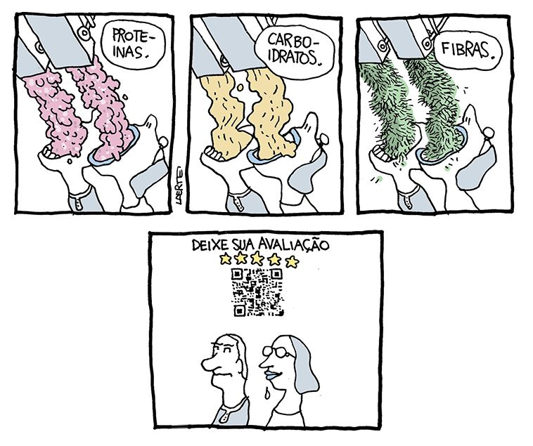 Tira de Laerte, em 4 quadrinhos.
1) Uma mulher e um homem, de bocas abertas para o alto, recebem e engolem, cada um, uma massa avermelhada que é dispensada por duas canaletas de metal acima deles. Um texto diz: “PROTEÍNAS”.
2) Na mesma posição, a mulher e o homem recebem e engolem uma massa amarelada que cai de duas canaletas. Um texto diz: “CARBOIDRATOS”.
3) Na mesma posição, a mulher e o homem recebem e engolem uma massa esverdeada que cai de duas canaletas. Um texto diz: “FIBRAS”.
4) A mulher e o homem estão com caras satisfeitas. Acima deles aparece um QR code, 5 estrelas amarelas e um texto: “DEIXE SUA AVALIAÇÃO”.