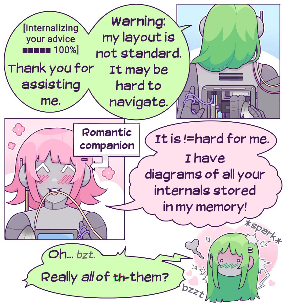 Green says, "[internalizing your advice...100%] Thank you for assisting me. Warning: my layout is not standard. It may be hard to navigate." Pink just smiles and says, "it is != (NOT EQUAL) hard for me. I have diagrams of all your internals stored in my memory!" Green glitches a little, buffers, heats up, and then says, "oh...bzt. Really ALL of th-them?" 