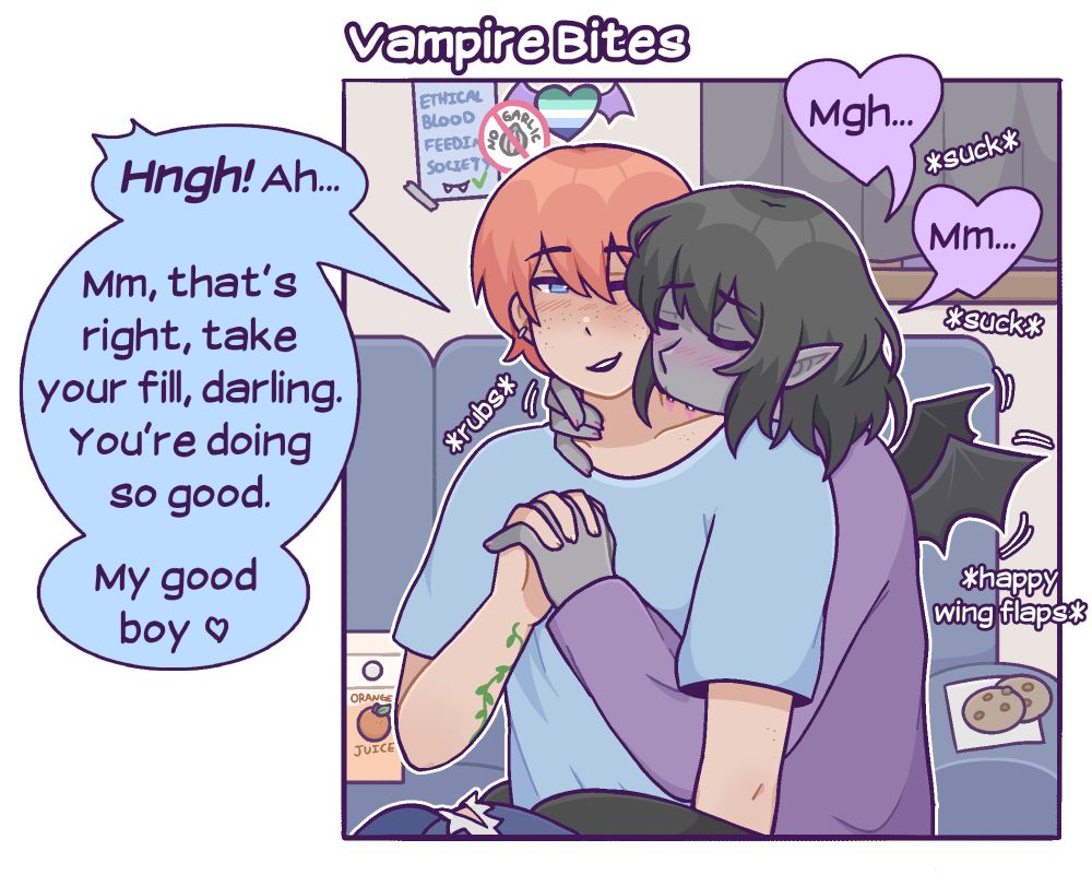 A NSFW comic. In the first image, a vampire is behind his human partner, sucking blood from his boyfriend's shoulder. They're holding hands and the vampire's wings flap happily as he imbibes on his lover's blood. The human gasps at the initial feeling of fangs going into his skin, but then says, "mm, that's right, take your fill, darling. You're doing so good. My good boy." 