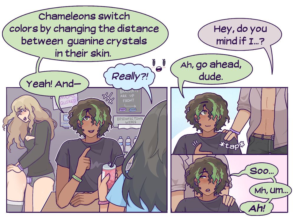 A NSFW comic featuring two friends (I'll call them Green and Blue) hanging out at a freeuse party. We see that there is a woman pegging a man behind them as they chat. Green excitedly says, "Chameleons switch colors by changing the distance between guanine crystals in their skin." "Really?!" Blue responds, amazed. "Yeah, and-" Green starts to continue, but is interrupted as a man walks up behind him and taps his shoulder. "Hey, do you mind if I...?" The man wearing a 'top' bracelet asks, and Green responds with, "ah, go ahead, dude." The man walks behind Green, slides his pants down, and starts to slide into him as Green goes "soo...mh....uh...Ah!" 