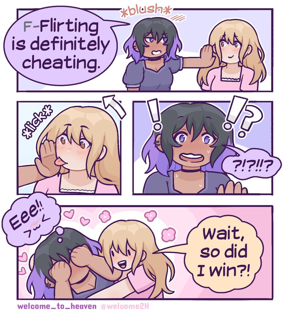 Blushing, Lela holds out her hand to cover Clara's mouth and mumbles, "F-Flirting is definitely cheating." Clara proceeds to lick Lela's hand, which leads to Lela blushing even more. She covers her red face with both hands and Clara hugs her, going, "Wait, so did I win?!" 