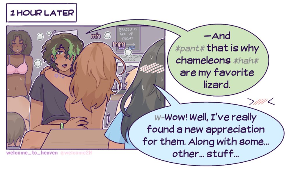 1 hour later. Now we see that there is a woman riding Green and there are new couples in the background. "—and that is why chameleons *ah* are my favorite lizard." "W-Wow," Blue responds, blushing, "well, I've really found a new appreciation for them. Along with some...other...stuff." 