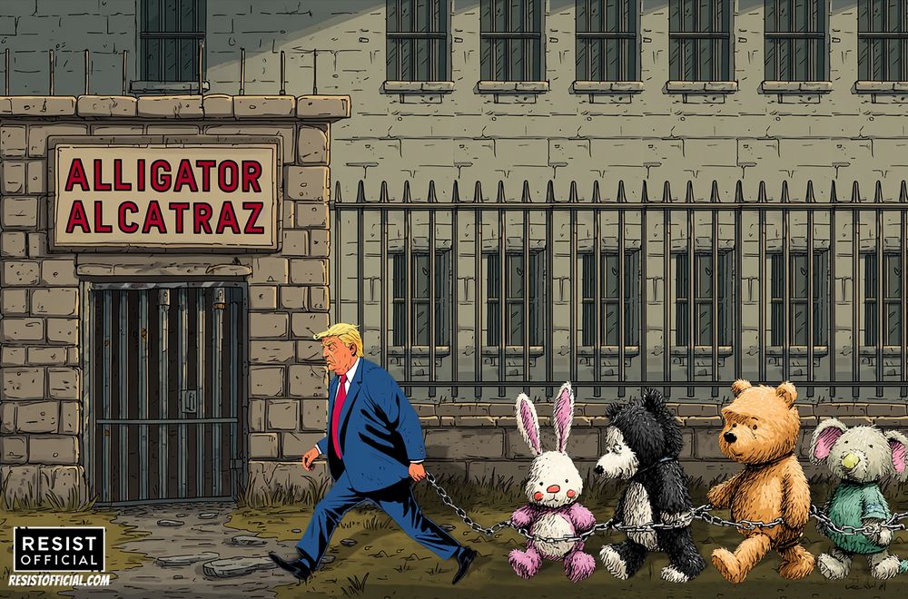 Trump leading a group of children's toys to Alligator Alcatraz in chains as a parody of the immigration incarceration and family separation that is happening in this country right now.