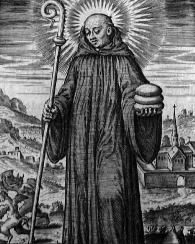 Portrait of Columba, holding a hook.