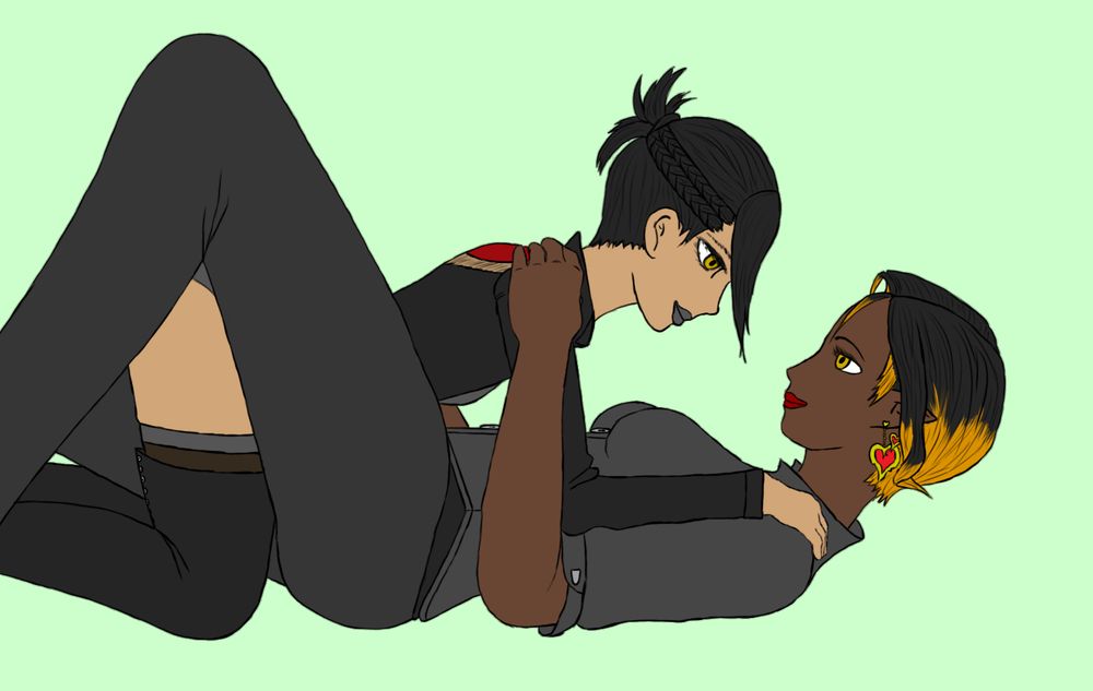 2020 - two women embracing each other; one a human with tied up black hair and dark grey lipstick. She seems to be wearing some kind of short coat and has thigh high boots that emphasize her thighs. She's laying on top of a dark elf wearing a button up black shirt and black slacks. The elf has short black hair with gold highlights and is wearing a heart shaped earring. The colors are flat with no shading and the background is a soft mint-green.