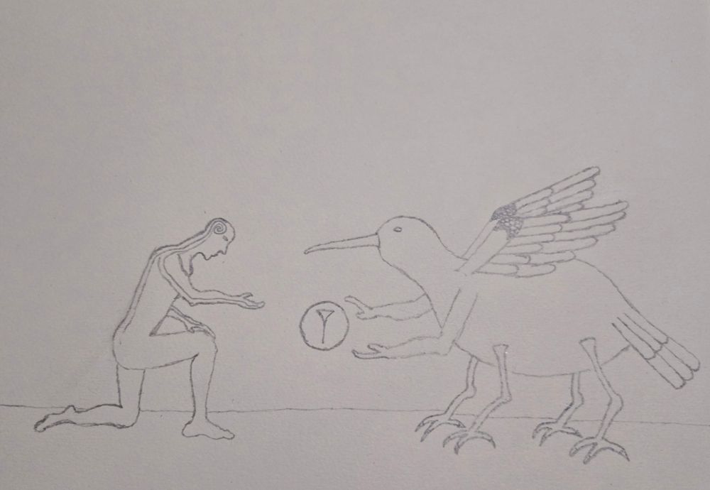 Line art drawing of two characters. A humanoid figure kneels with a bowed head with a hand outstretched and palm raised up, accepting an orb from a long-beaked bird-like creature with wings raised, as well as two human arms and four bird legs instead of two. The orb has a simple symbol that may appear to be either a flower or a whirlpool
