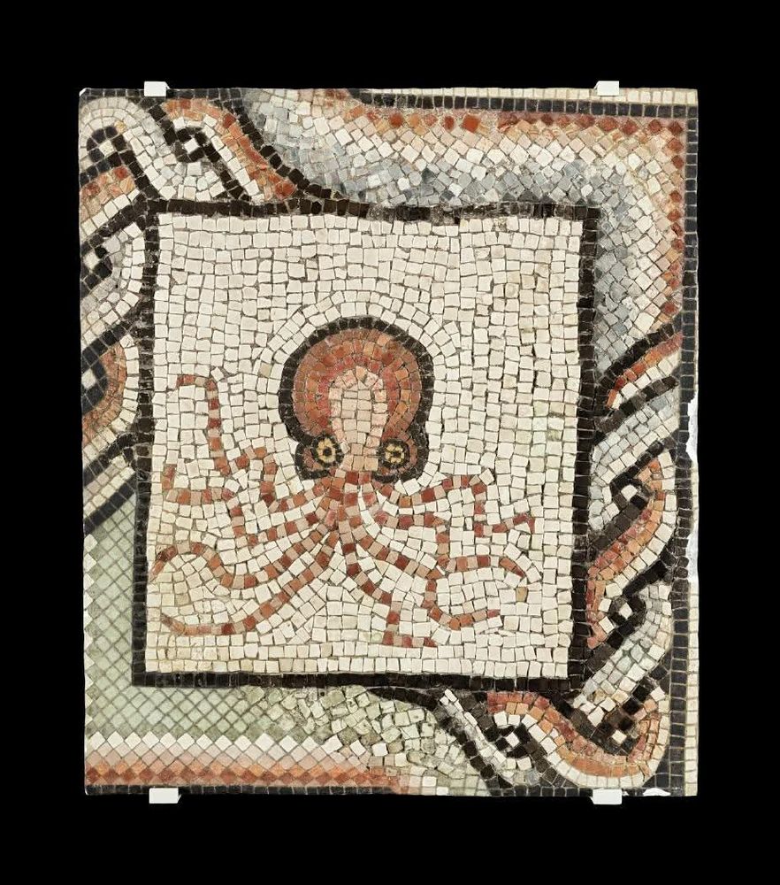 An octopus mosaic made out of red, brown and black tiles on a white background. 