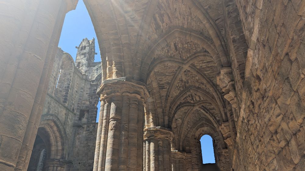 A view of the vaulting above one aisle of pillars, with the sky visible above the middle of the church