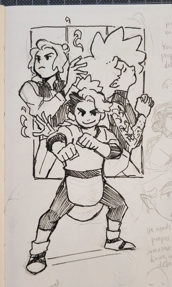 Photo of a fineliner drawing from my sketchbook. It shows my 3 OC siblings Rosalina, Wilmot and Ruby.
Rosalina is standing in the center with her fists raised, ready to fight as always.
Behind her is Wilmot on the left, looking upwards and his arms crossed in front of him. Ruby is on the right from a side profile with her eyes closed and her head pointing upwards. Her hands are in front of her in a praying position.