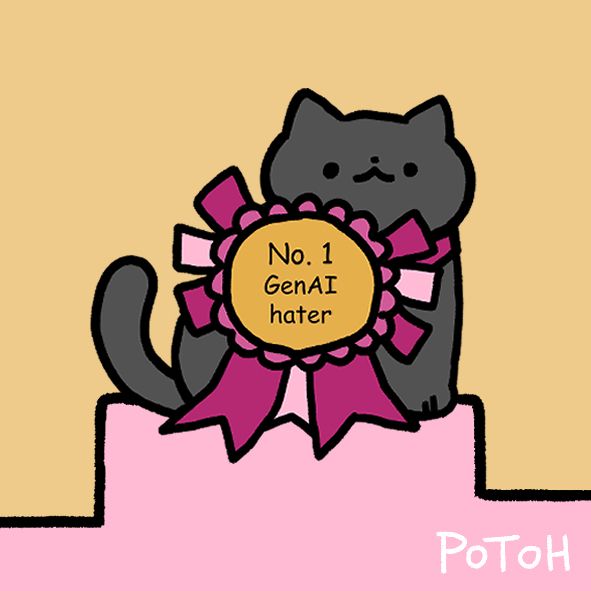 Screenshot of a digital drawing. It shows a dark grey cat with sitting on a pink pedestal. She is wearing a giant ribbon in two shades of pink around her neck. The center of the ribbon is yellow with the words "No. 1 GenAI hater" in it.