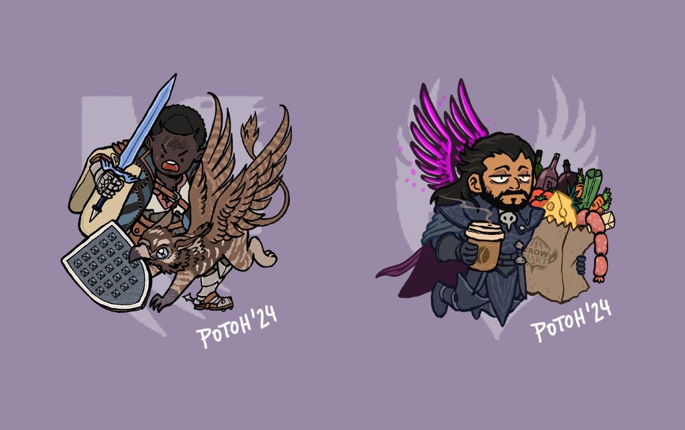 Drawing in a cartoony style of Davrin and Lucanis, two characters from the game Dragon Age: The Veilguard.