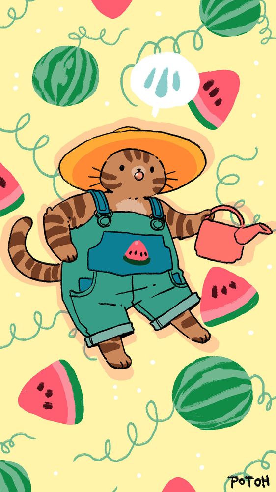 Phone wallpaper illustration of a brown.-striped cat wearing a yellow gardening hat and green dungarees holding a red watering can. The background is yellow with watermelons and watermelon slices.