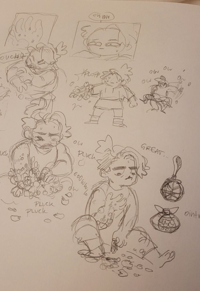 pencil sketches of my OC Rosalina treating her rose rash by plucking out the petals and leafs.