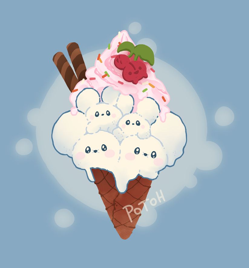 Digital drawing of an ice cream cone with pink cream and sprinkles on top. The scoops are shaped like Maushold and on top of it sits a Cherubi-shaped cookie.