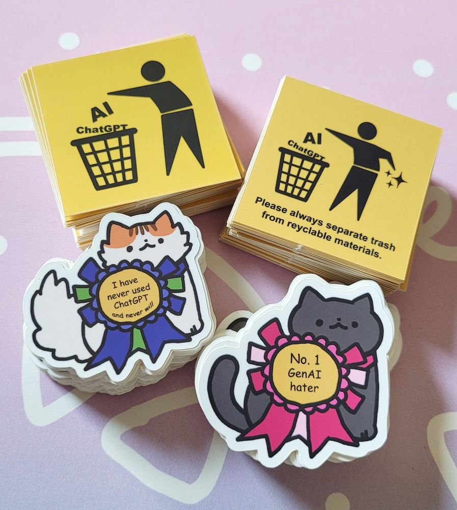 Photo of 4 stickers.
Top left sticker: Black pictogram on a yellow background. It depicts a trash can and a human-like figure dropping the words "AI" and "ChatGPT" in the trash can.

Top right sticker: Black pictogram on a yellow background. It depicts a trash can and a human-like figure dropping the words "AI" and "ChatGPT" in the trash can. The right arm is stretched out and on it's end is the common sparkle emoji. The text at the bottom says "Please always separate trash from recyclable materials."

Bottom left sticker: a white fluffy cat with red ears. She is wearing a giant ribbon in blue and green around her neck. The center of the ribbon is yellow with the words "I have never used ChatGPT and I never will" in it.

Bottom right sticker: a dark grey cat wearing a giant ribbon in two shades of pink around her neck. The center of the ribbon is yellow with the words "No. 1 GenAI hater" in it.