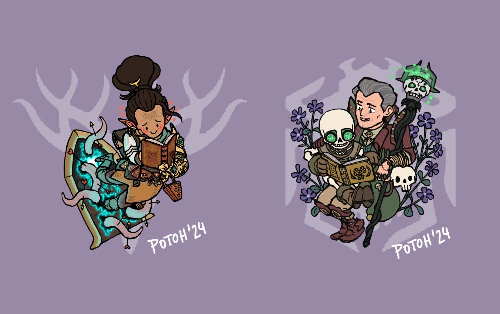 Drawing in a cartoony style of Bellara and Emmrich, two characters from the game Dragon Age: The Veilguard.