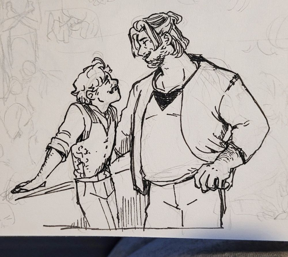 Photo of a fineliner drawing from my sketchbook of my OC's Tivalius (Val) and Cem. Val is the shorter guy on the left and leaning on a wall looking up to Cem.
Cem on the right is also leaning on the wall and has one hand on his hips.
I really messed up both guys' hands, thinking about their friendship distracted me a bit.