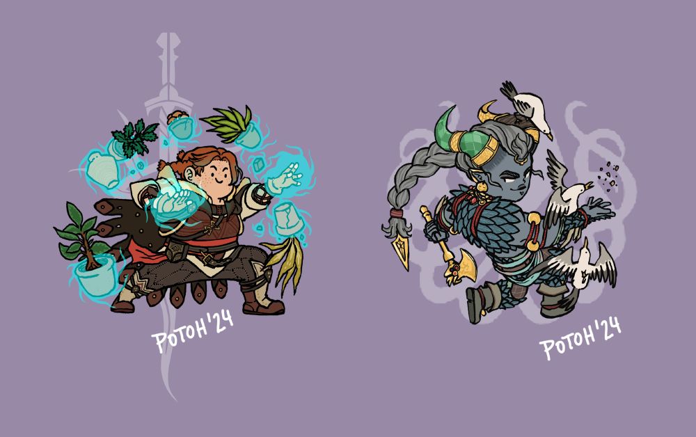 Drawing in a cartoony style of Harding and Taash, two characters from the game Dragon Age: The Veilguard.