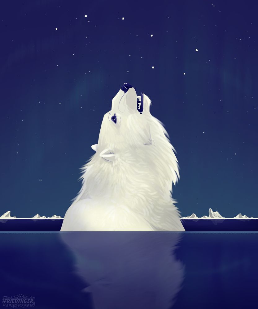 A polar bear half-submerged in still, blue water. Its head is tipped up to the sky in a hopeless expression, ursa major in the night sky above them with faint aurora borealis around them. Far int he distance, jagged icy mountains can be seen, but they are too far for the bear to reach in time.