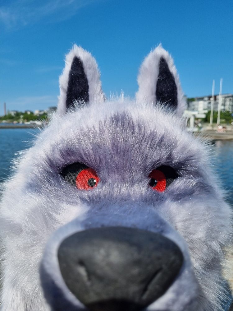 furry wolf head from film "puss in boots: the last wish" and lake view in the background