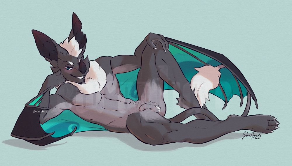 Same as the previous, but the sunflower has been removed. His dick rests along his thigh, and his fuzzy balls have a trailing tuft of white fur.