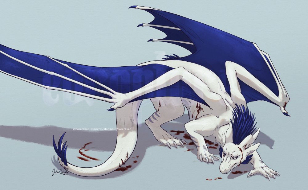 Drawing of Arctizan, a white dragon with deep blue wings and quills, on an icy blue background. He backs away as if cornered, glaring warily up at us, his body crouched defensively and covered with various injuries. Drips and streaks of blood mark the suggested ground.