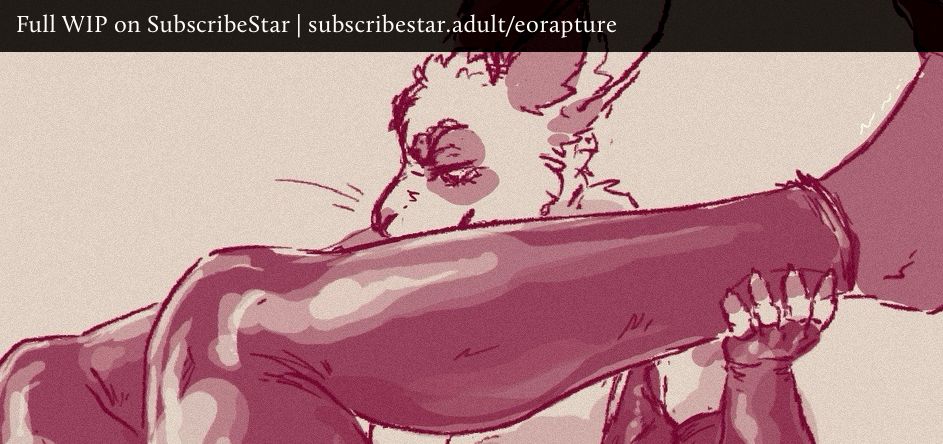 Cropped sketch of Thalia holding up the ankles of legs clad in latex. There's a black bar at the top with text: "Full WIP on SubscribeStar | subscribestar.adult/eorapture"
