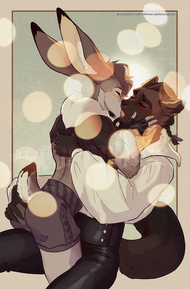 Drawing of Aster, a grey and white freckled hare, and Damian, a European pine marten. Straddling one of Damian’s legs, Aster presses his body against the marten as he kisses him deeply. Damian pulls him in further, one hand groping Aster’s ass while the other trails up his back, lifting his shirt. Their heads are backlit by a soft glow and their figures framed by a scattering of foreground bokeh lights.