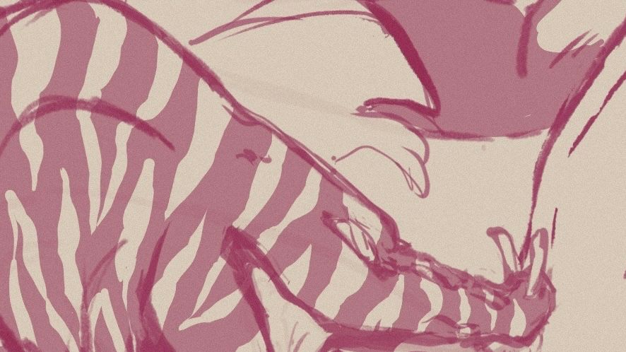 Cropped sketch of Ares pressing her snout against Dylan's stomach while looking up at him.