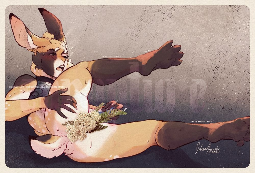 Drawing of Yarrow, a muscular anthro rabbit. She lays on her side with her legs spread out to the viewer, one hand spreading her butt cheek while a cluster of yarrow flowers blocks the view of anything else.