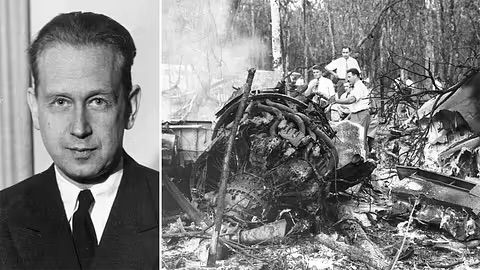 A collage of two black and white photos. One is of a (youngish) Dag Hammarskjöld in a suit and tie, and the other one is of a plane wreck. 