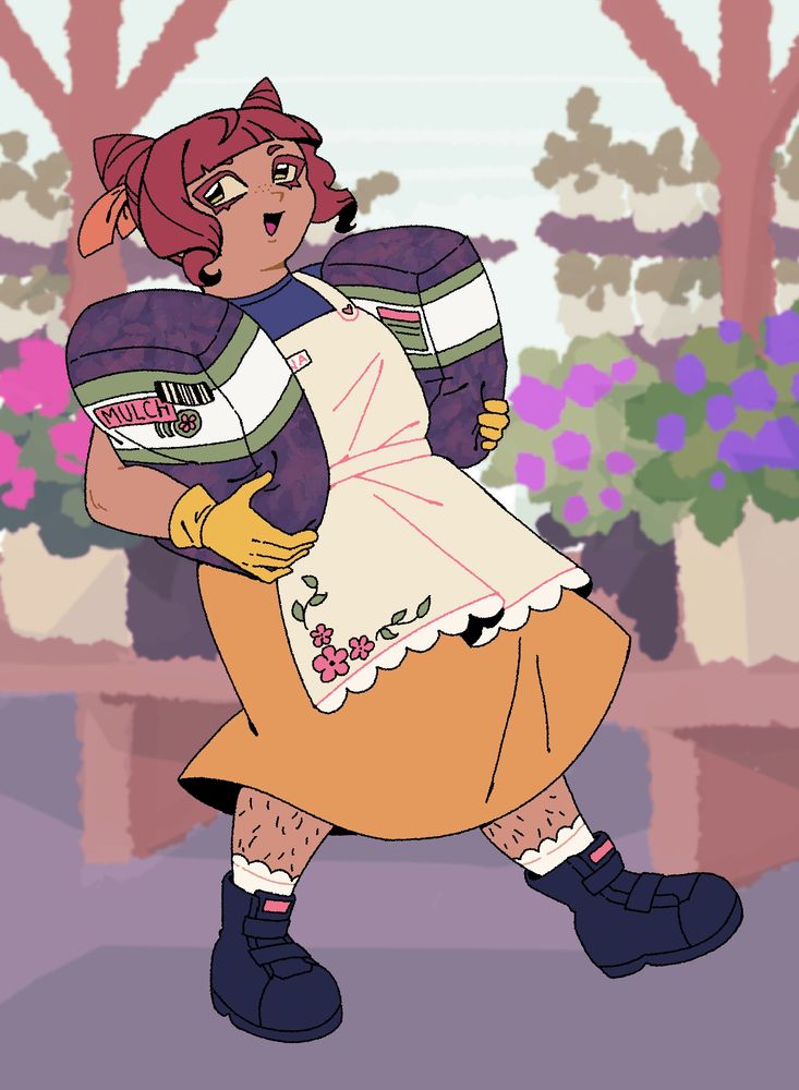 Reina carrying two bags of mulch in a gardening store.