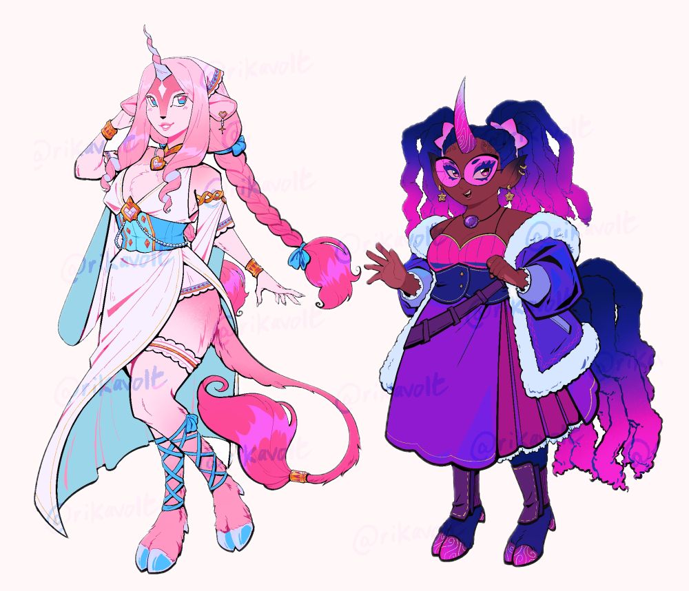 A humanoid unicorn based off the trans flag and another styled after the bisexual flag.