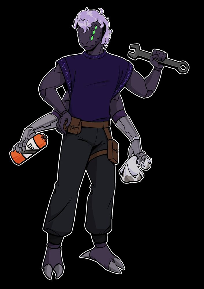 Mythrakis, an alien with four arms and six eyes, holding a combination wrench, white grease, and a dirty rag.