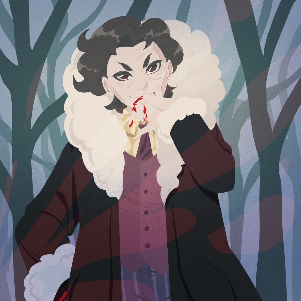 Valeria in a cold forest, wiping blood off of her mouth with a smile. 