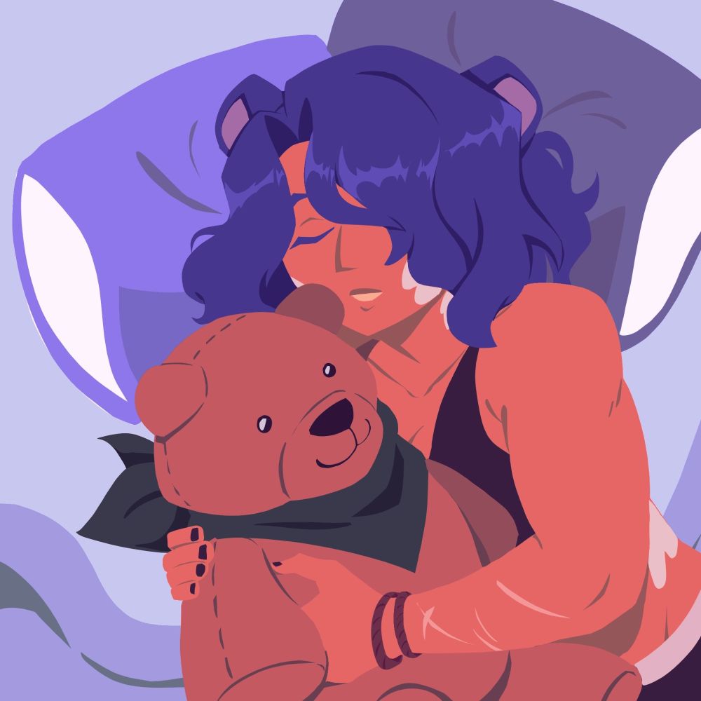 ainar in bed, cuddling with his plush bear