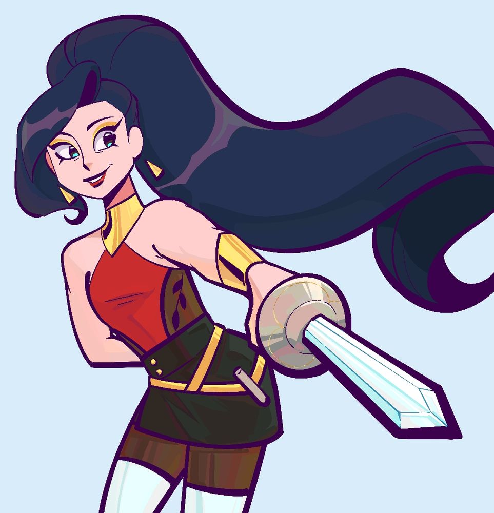Lillian pointing her sword forward. Her hair is billowing in the wind.