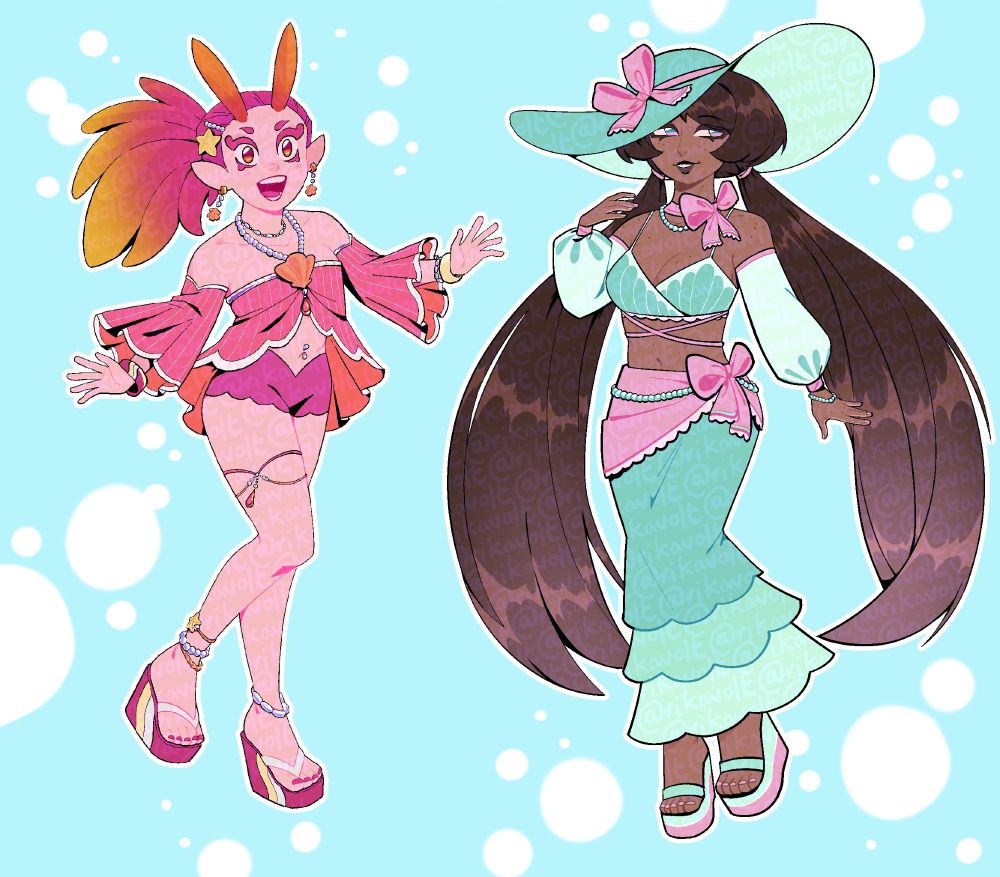 A beach themed sea slug character. A jellyfish themed character with a big sun hat.