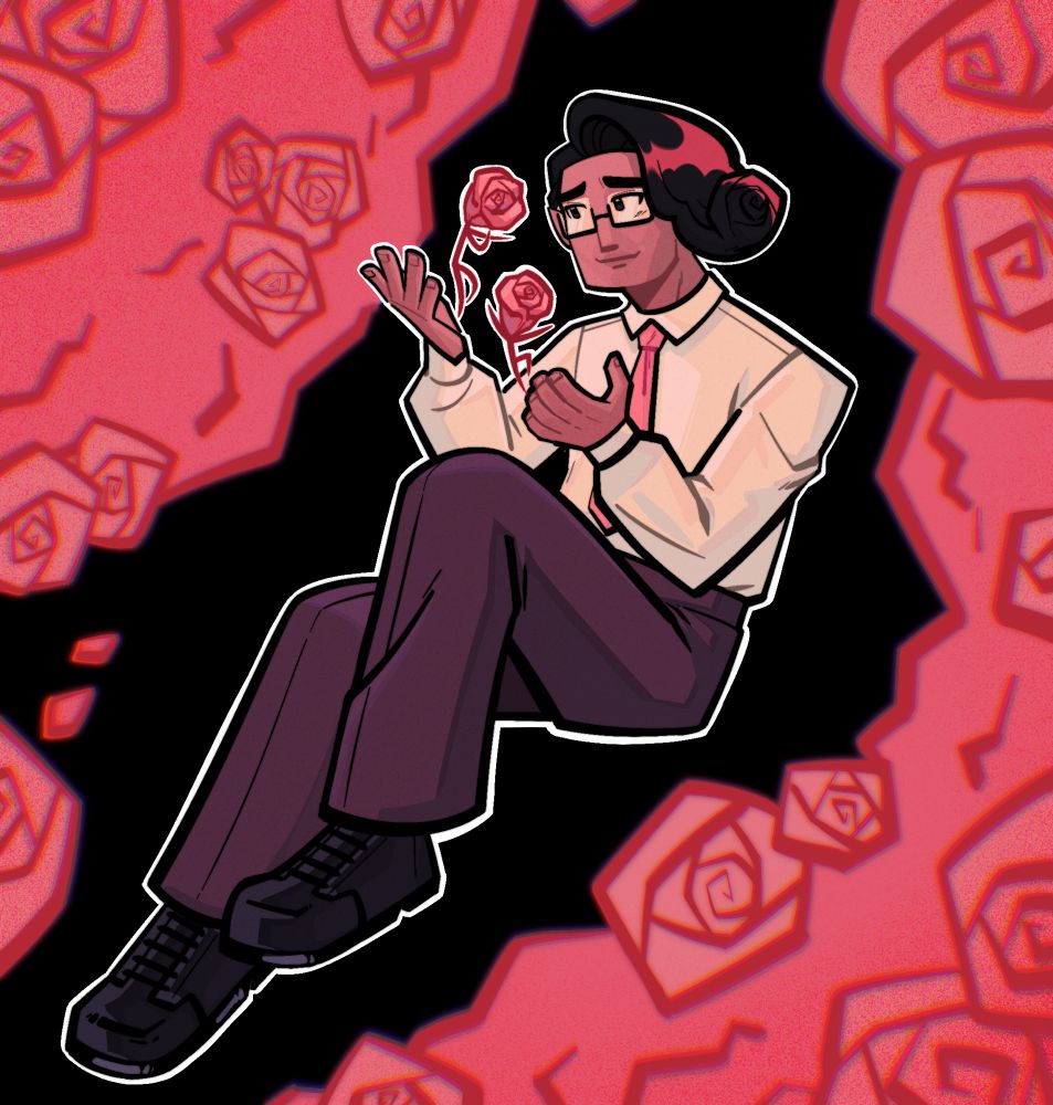 A guy surrounded by roses with little rose faes in his hand.