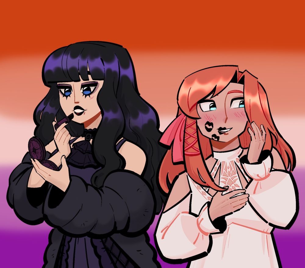 Ryne covered in kiss marks while Gaia reapplies her lipstick.