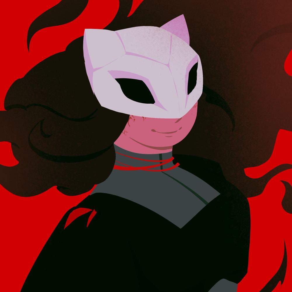 Woman in a mask smiling. Her hair is billowing like fire. 