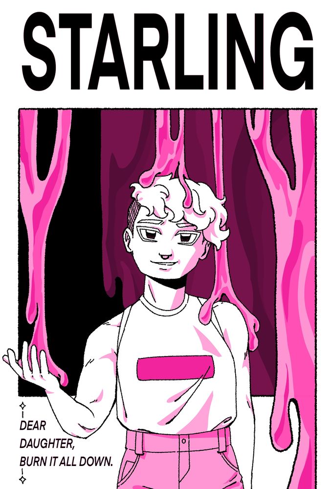 Jane standing with metallic liquid dripping from above. She has a slight smile on her face. "Starling. Dear daughter, burn it all down."