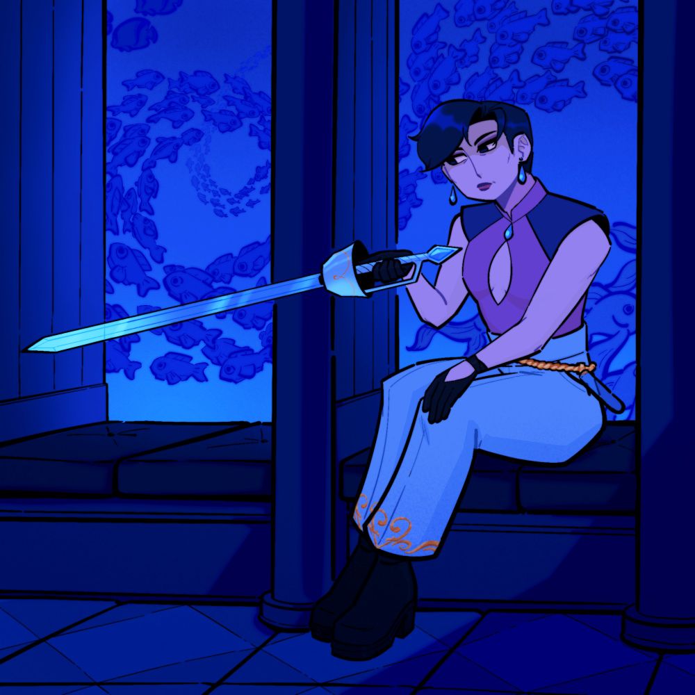 Lillian sits in front of an aquarium wall staring at her blade. 