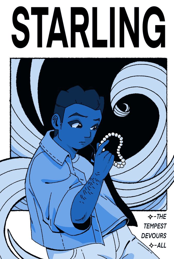 Wren looking at his bracelet. Stylized waves crash behind him. "STARLING. The tempest devours all."